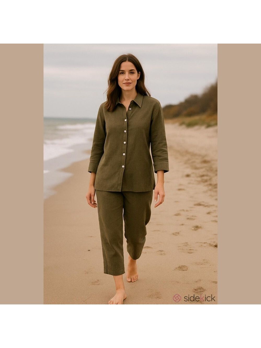 NWOT 2PC LINEN FOR US MARKET OLIVE GREEN OVERSIZED TOP SZ 14 & CROP PANTS SZ 12